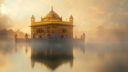 Obraz premium Sacred Sikh gurdwara golden dome seen through a soft mist, with reflections in the surrounding water creating a peaceful, divine scene
