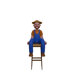 3D Cartoon of Male Farmer. A farmer is sitting comfortably on a tall chair. Professional