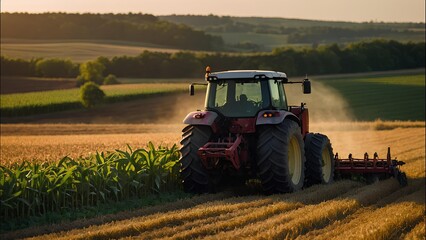 Obraz premium An aerial view of a farm during harvest season, with tractors moving through fields of grain, and a farmer managing the process.