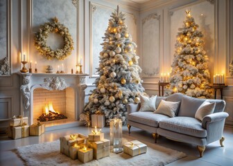 Elegant living room decorated for Christmas, featuring a couch, candles, fireplace, a grand snow-flocked tree, and gifts, in a luxurious white, gray, gold, and silver theme.