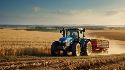 Obraz premium A panoramic view of a farm with rolling fields, a tractor in the foreground, and a farmer working to gather the bountiful harvest.