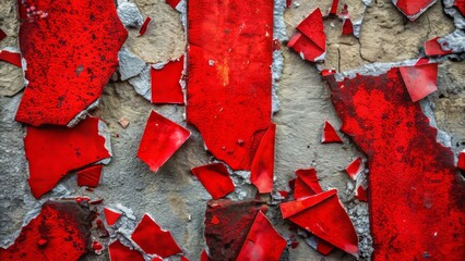 red paint strip fragments on distressed concrete, urban decay, gritty texture, bold colors, high contrast, abstract composition, edgy atmosphere, avant-garde style