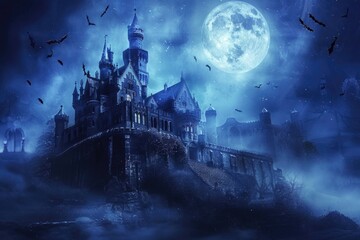 Obraz premium A castle with a full moon shining brightly in the background