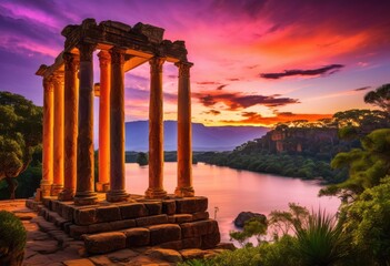 Fototapeta premium majestic columns framed breathtaking vibrant casting warm hues across sky reflecting surrounding landscape, sunset, reflection, architecture, nature