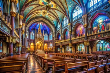 Obraz premium Elegant stained-glass windows and intricate wooden carvings adorn the vibrant interior of a historic minor basilica in Montreal's charming Old District.