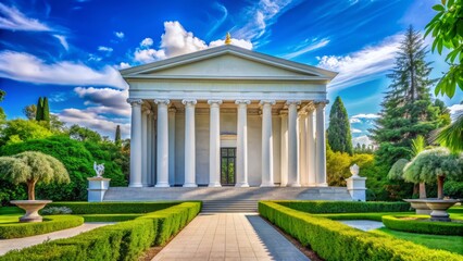 Obraz premium Elegant temple with intricately designed white stone façade and stately columns set against a vibrant blue sky with lush greenery surroundings.