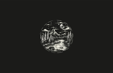 Engraving camping in the forest vintage style design vector illustration