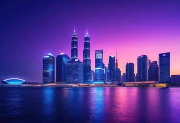 Obraz premium vibrant city skyline twilight featuring glowing structures colorful lights dusk sky, architecture, buildings, cityscape, evening, illumination, landscape