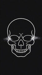 A Halloween illustration features a minimalistic white skull on black, with glowing eye sockets, creating a spooky yet elegant vibe.