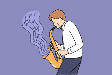 Man masterfully plays jazz composition on saxophone, blowing notes from musical instrument. Talented guy plays saxophone, thanks to excellent hearing and talent, helps entertain people