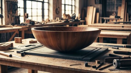 wooden sink is placed on a workbench in a woodworking shop