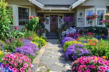 Charming front yard with colorful flower beds, stone walkway, and lush greenery leading to a wooden door entrance.