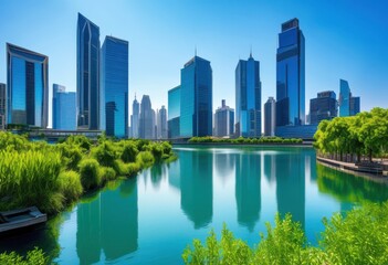 Obraz premium vibrant city skyline reflected serene urban waterway under clear blue sky, cityscape, buildings, architecture, landscape, waterfront, river, reflection