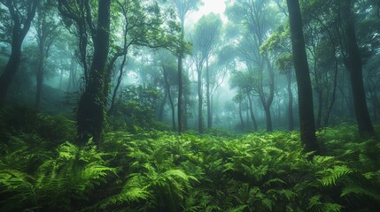 Obraz premium Enchanting Foggy Forest with Lush Ferns