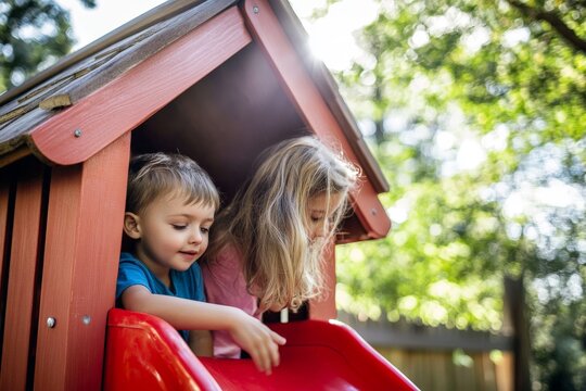 Children Playing in Backyard Playhouse - Fun Outdoor Activity for Kids. - Powered by Adobe
