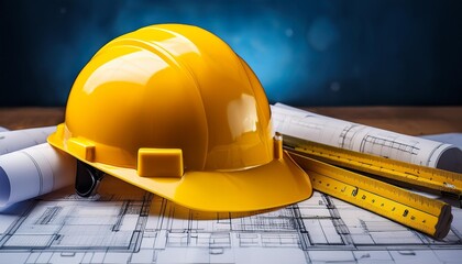 A yellow construction helmet placed on architectural with ruler and sketch