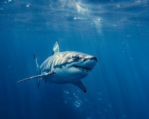 Fototapeta premium Majestic Great White Shark Gliding Through the Depths of the Blue Ocean