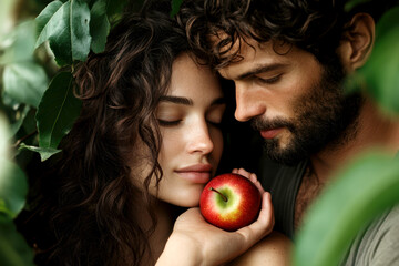 Adam and Eve in the Garden of Eden. AI generative.