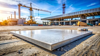 Freshly cut concrete slab with clean edges and smooth finish, revealing aggregate texture, against a blurred construction site background with scattered tools.