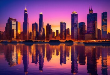 Fototapeta premium vibrant sunset skyline illuminated dazzling city lights creating breathtaking urban landscape, aerial, architecture, adventure, atmospheric, beauty, bright