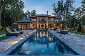 Elegant home with pool and outdoor living area in Priestford, New Jersey, featuring a stone patio and deck seating.