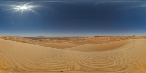 Full 360 degrees seamless spherical panorama HDRI equirectangular projection of Vast desert expanse, golden sands. Texture environment map for lighting and reflection source rendering 3d scenes.	
