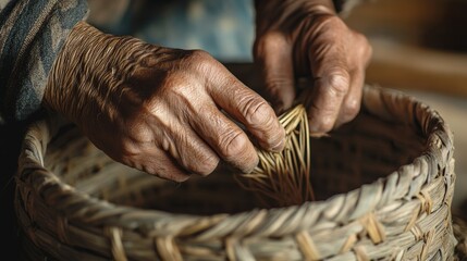 Close up of Artisan hands carefully weaving a basket from natural reeds, the intricate patterns taking shape under skilled guidance, rustic and traditional crafting environment.