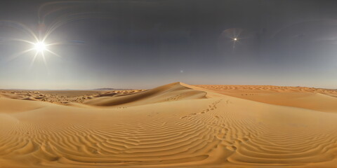 Full 360 degrees seamless spherical panorama HDRI equirectangular projection of Vast desert expanse, golden sands. Texture environment map for lighting and reflection source rendering 3d scenes.	
