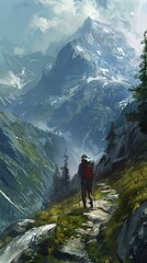Fototapeta premium A man is walking on a path in the mountains