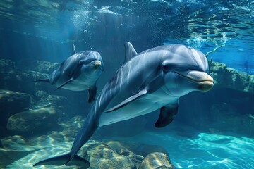 Fototapeta premium Two dolphins swimming in a large body of water