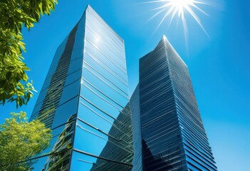 Fototapeta premium sleek architectural elements modern skyscraper showcasing glass steel innovative designs clear blue sky, architecture, facade, structure, skyline, urban