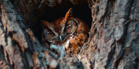 Eastern Screech Owl Snoozing Comfortably in Tree Hollow