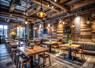 Rustic, industrial-chic eatery boasts reclaimed wood, metal accents, and modern lighting, creating edgy, urban atmosphere, perfect for trendy, Foodie, and Instagrammable moments.