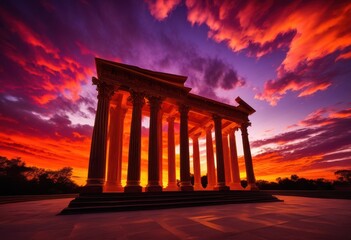 Obraz premium striking silhouette columns vibrant sunset sky fiery hues dramatic cloud patterns, architecture, clouds, orange, pink, blue, light, dusk, evening, landscape