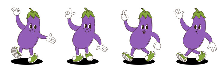Eggplant retro groovy style. Groovy retro characters of eggplant.