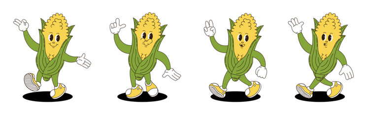 Corn retro groovy style. Groovy retro characters of corn.