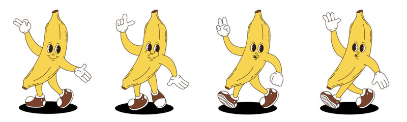 Banana in retro groovy style. Groovy retro characters of banana.