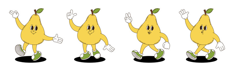 Pear in retro groovy style. Groovy retro characters of pear.
