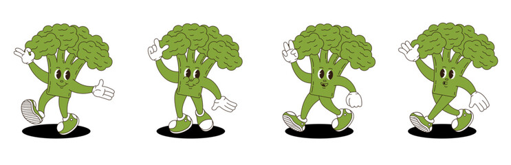 Broccoli retro groovy style. Groovy retro characters of broccoli.
