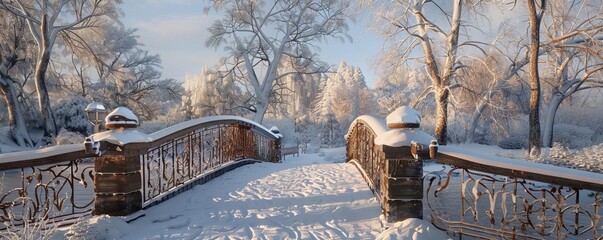Snow-covered bridge in a park, 4K hyperrealistic photo