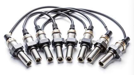 High-angle view of six ignition coils placed on a white background, their spark plug wires and electrical connectors neatly organized and ready for installation.