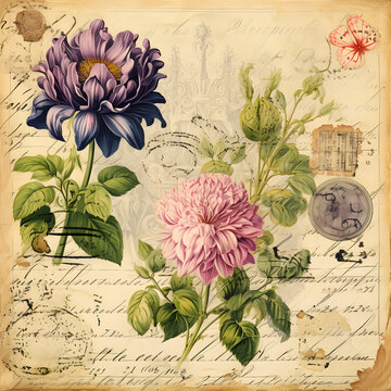 vintage botanical postcard background adorned with intricate floral illustrations and faded script. The design evokes a sense of nostalgia and timeless elegance, perfect for scrapbooking