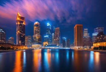 Fototapeta premium vibrant city skyline dusk showcasing bright colors illuminated buildings twilight sky, lights, illumination, horizon, architecture, urban, landscape