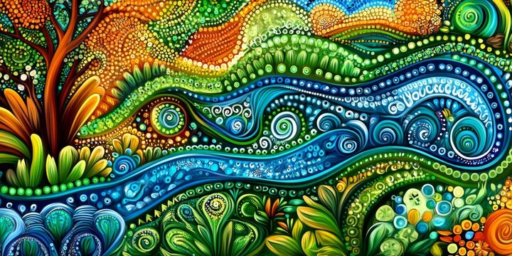 Enchanting Australian Aboriginal Dot Painting Landscape with River and Turtle. Creative Abstract Pattern for Marketing, Cultural Inclusivity, and Decorative Web Design. Dreamlike 4K Wallpaper Inspired