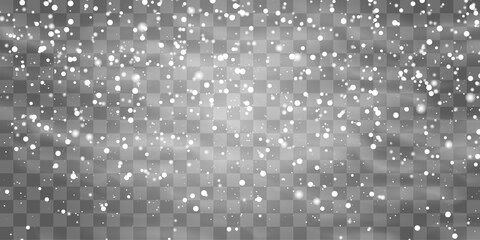 Vector falling snowflakes on png background. Vector heavy snowfall. White snowflakes flying in the air. Snow flakes, snow and blizzard. Christmas snow. Vector illustration isolated on transparent