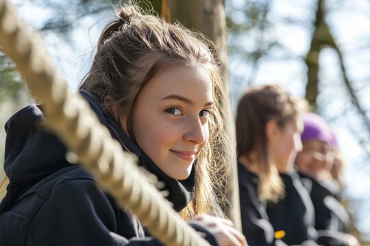 Students engaging in outdoor team-building activities, such as rope courses and group challenges in a nature reserve