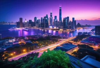 stunning vibrant city skyline twilight illuminated bright lights creating captivating urban landscape, evening, illumination, architecture, buildings