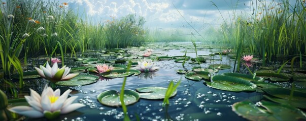 Serene wetland with water lilies and dragonflies, 4K hyperrealistic photo © Влада Яковенко