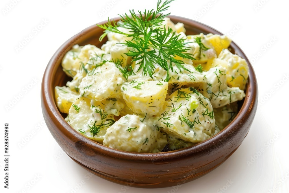 Poster Delicious potato salad with greens in a white bowl