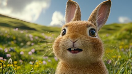 Fototapeta premium Cute Bunny Rabbit with Big Eyes Looking at Camera in Field